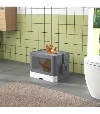 Arenero para Gatos Cubierto con Pala Cepillo 2 Puertas Entrada Principal y Salida Superior 48,5x38x36,5 cm Gris