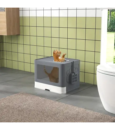 Arenero para Gatos Cubierto con Pala Cepillo 2 Puertas Entrada Principal y Salida Superior 48,5x38x36,5 cm Gris