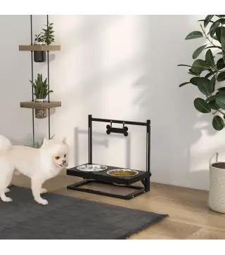 Comedero Elevado para Perros con 2 Tazones de Acero Inoxidable Altura Ajustable y 1 Placa de Metal 40,5x22x39 cm Negro