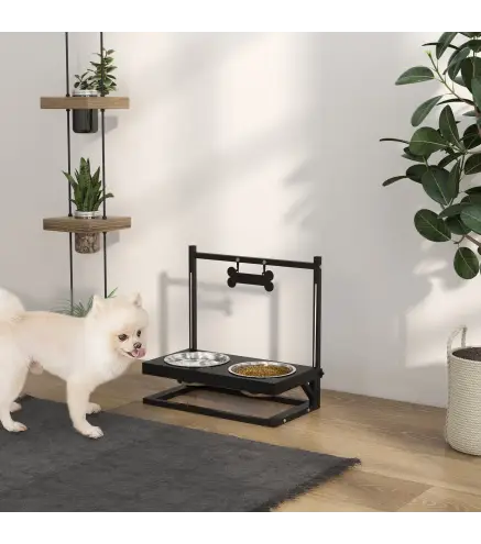 Comedero Elevado para Perros con 2 Tazones de Acero Inoxidable Altura Ajustable y 1 Placa de Metal 40,5x22x39 cm Negro