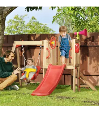 Juego de Tobogán y Columpio para Niños 4 en 1 con Columpio Tobogán Volante Bocina Teléfono 170x200x118 cm Rojo y Natural