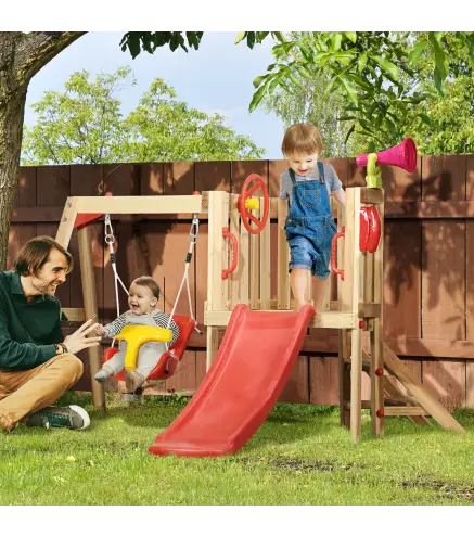 Juego de Tobogán y Columpio para Niños 4 en 1 con Columpio Tobogán Volante Bocina Teléfono 170x200x118 cm Rojo y Natural