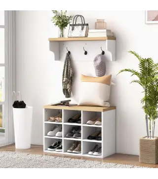 Recibidor con Perchero y Banco Zapatero Muebles de Entrada con 3 Ganchos y Estantes para 9 Pares de Zapatos Blanco
