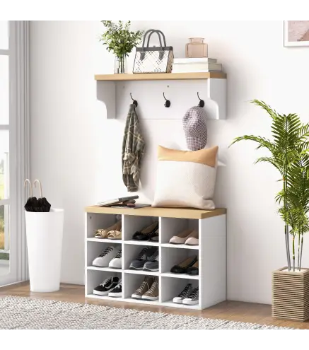 Recibidor con Perchero y Banco Zapatero Muebles de Entrada con 3 Ganchos y Estantes para 9 Pares de Zapatos Blanco