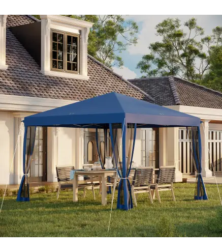 Carpa Plegable 3x3 m con 4 Paredes Laterales de Malla 8 Orificios de Drenaje Impermeable y Bolsa de Transporte Azul