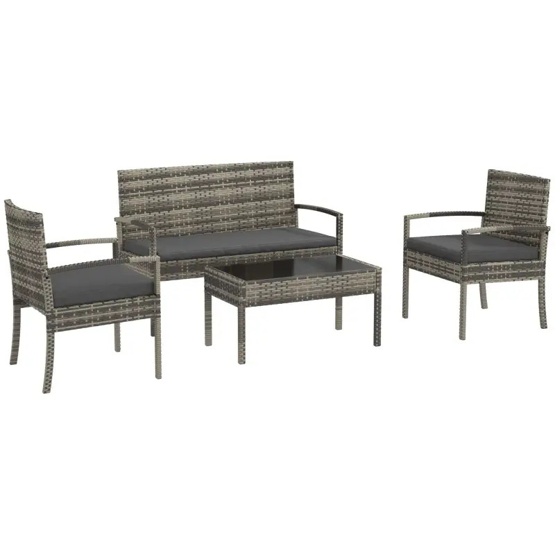 Juego de 4 Piezas Muebles de Jardín con 2 Sillones 1 Sofá de 2 Plazas y 1 Mesa de Centro de Tablero de Vidrio Gris