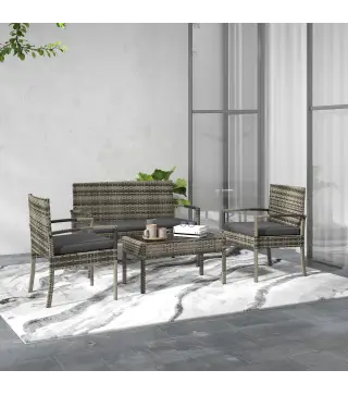 Juego de 4 Piezas Muebles de Jardín con 2 Sillones 1 Sofá de 2 Plazas y 1 Mesa de Centro de Tablero de Vidrio Gris