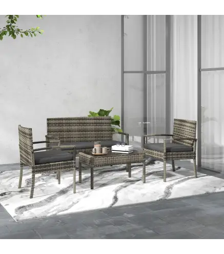 Juego de 4 Piezas Muebles de Jardín con 2 Sillones 1 Sofá de 2 Plazas y 1 Mesa de Centro de Tablero de Vidrio Gris