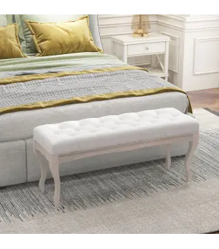 Banco para Pie de Cama con Pies de Madera y Asiento Acolchado Carga 120 kg para Entrada Pasillo 110x37x49 cm Crema