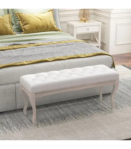Banco para Pie de Cama con Pies de Madera y Asiento Acolchado Carga 120 kg para Entrada Pasillo 110x37x49 cm Crema
