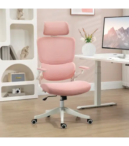 Silla de Malla Giratoria Silla de Escritorio Basculante con Respaldo Alto Reposacabezas Reposabrazos 62x58x133 cm Rosa