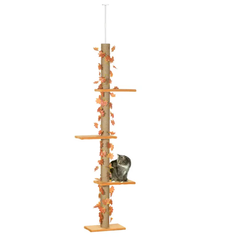 Árbol para Gatos de Suelo a Techo de 202-242 cm con 3 Plataformas Altura Ajustable y Decoración de Hoja de Arce Naranja