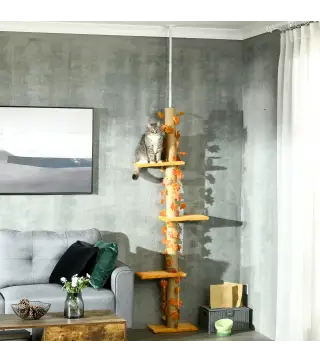 Árbol para Gatos de Suelo a Techo de 202-242 cm con 3 Plataformas Altura Ajustable y Decoración de Hoja de Arce Naranja