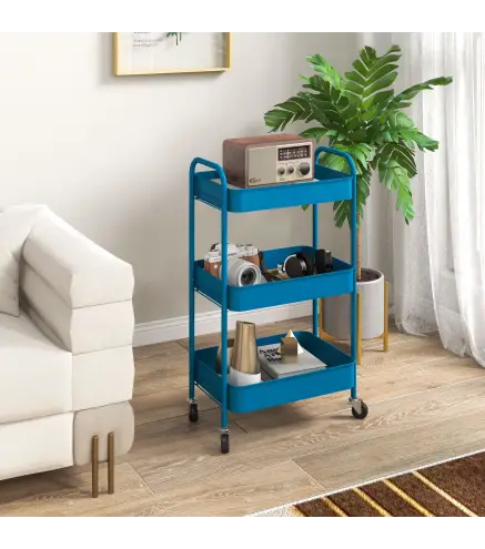 Carrito de Almacenamiento con 3 Cestas y Marco de Acero para Salón Dormitorio Oficina Cocina 45x30,6x79 cm Azul Oscuro