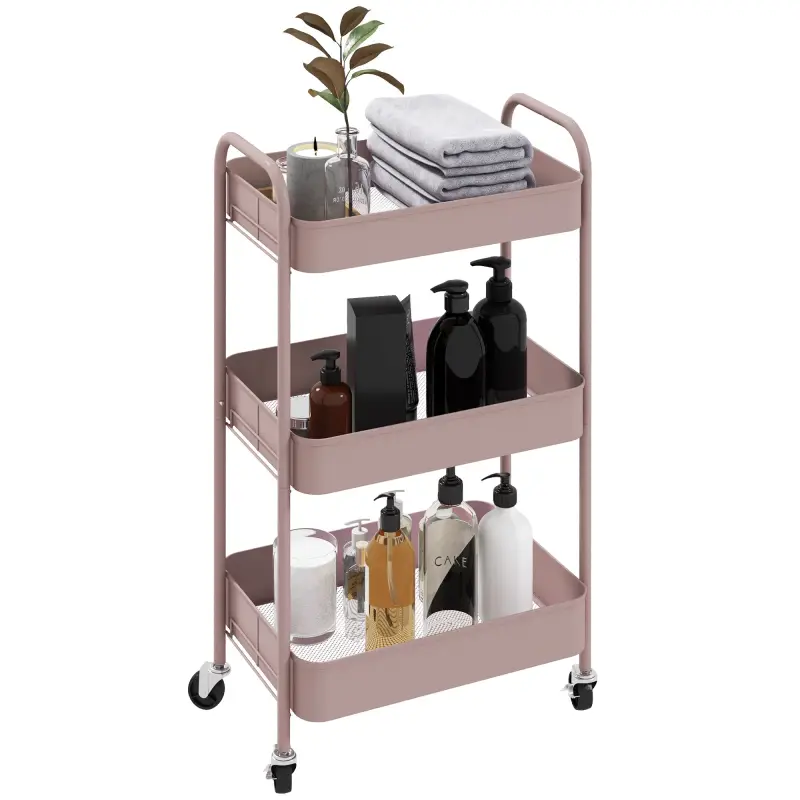 Carrito de Almacenamiento con 3 Cestas y Marco de Acero para Salón Dormitorio Oficina Cocina 45x30,6x79 cm Rosa