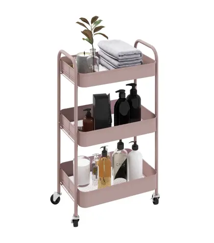Carrito de Almacenamiento con 3 Cestas y Marco de Acero para Salón Dormitorio Oficina Cocina 45x30,6x79 cm Rosa