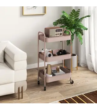 Carrito de Almacenamiento con 3 Cestas y Marco de Acero para Salón Dormitorio Oficina Cocina 45x30,6x79 cm Rosa