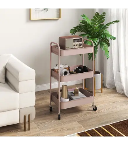 Carrito de Almacenamiento con 3 Cestas y Marco de Acero para Salón Dormitorio Oficina Cocina 45x30,6x79 cm Rosa
