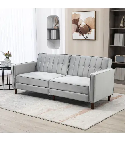 Sofá Cama de 3 Plazas Sofá Cama Convertible de Terciopelo con Respaldo Reclinable y Patas de Madera 189x80,5x78,5cm Gris