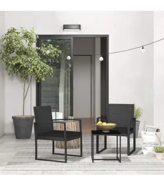 Conjunto de Muebles de Jardín de Ratán Sintético Juego de 1 Mesa y 2 Sillas de Terraza con Cojines y Reposabrazos Negro