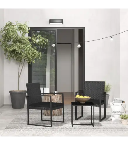 Conjunto de Muebles de Jardín de Ratán Sintético Juego de 1 Mesa y 2 Sillas de Terraza con Cojines y Reposabrazos Negro