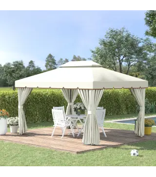 Pabellón de Jardín 4x3 m con Techo de Ventilación 4 Cortinas Laterales 4 Mosquiteras y 8 Orificios de Drenaje Blanco