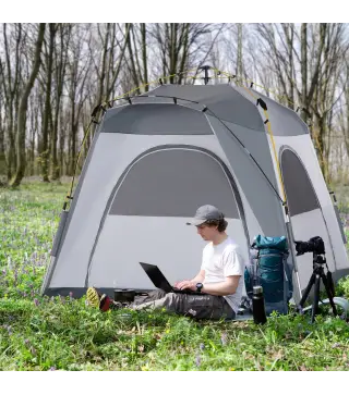 Tienda de Camping Emergente Instantánea con 4 Ventanas 2 Bolsillos y Bolsa de Transporte 240x240x199 cm Gris y Blanco