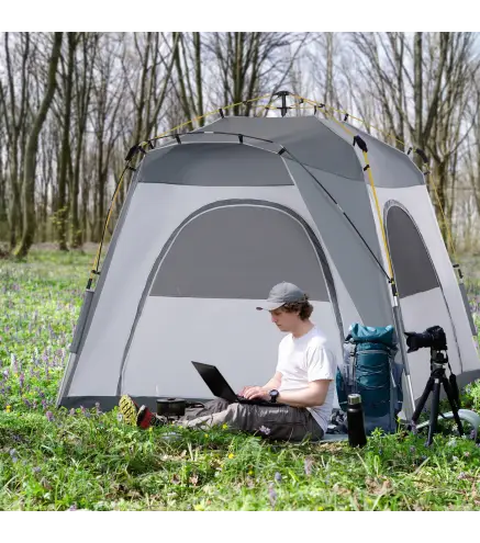Tienda de Camping Emergente Instantánea con 4 Ventanas 2 Bolsillos y Bolsa de Transporte 240x240x199 cm Gris y Blanco