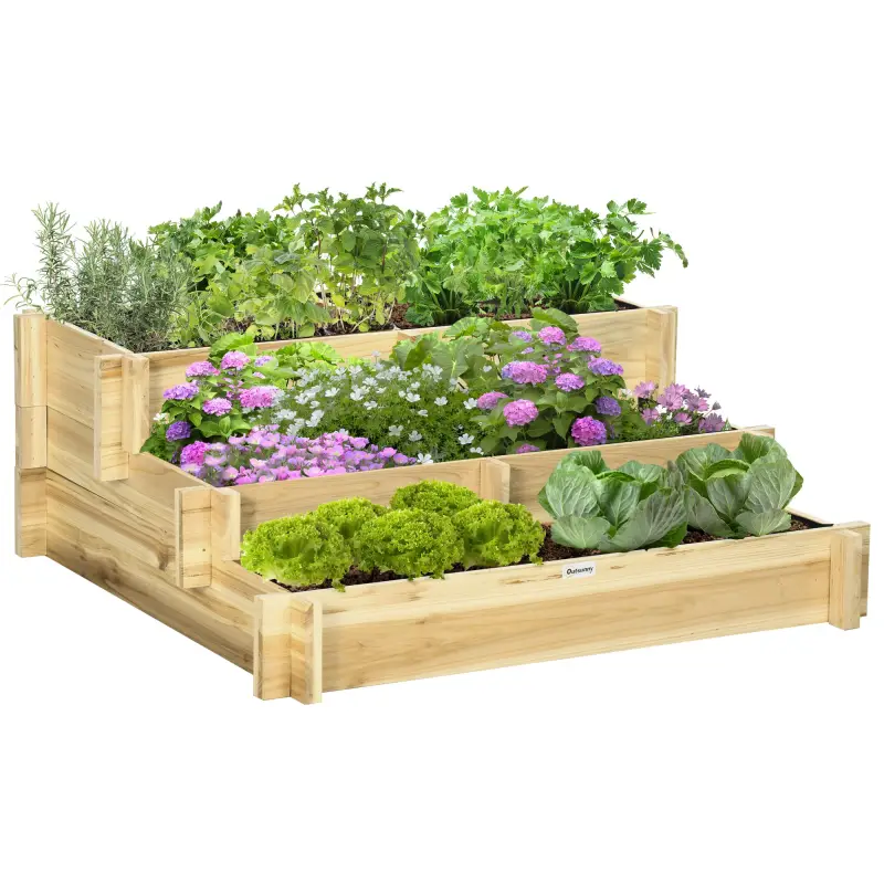 Arriate de Jardín de 3 Niveles con Diseño de Escalera y Tela no Tejida para Cultivos Plantas Flores 93x93x35 cm Natural Arriate de Jardín de 3 Niveles con Diseño de Escalera y Tela no Tejida para Cultivos Plantas Flores 93x93x35 cm Natural