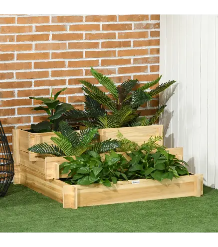 Arriate de Jardín de 3 Niveles con Diseño de Escalera y Tela no Tejida para Cultivos Plantas Flores 93x93x35 cm Natural