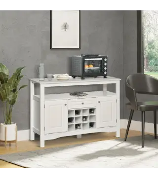 Aparador de Comedor con 1 Cajón 1 Estante Abierto 2 Puertas y Botellero para 12 Botellas 116,5x40x82,5 cm Blanco