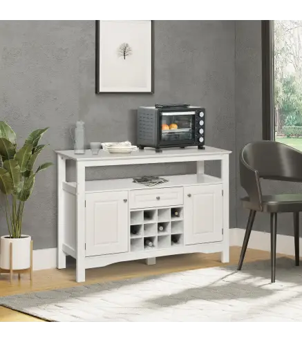 Aparador de Comedor con 1 Cajón 1 Estante Abierto 2 Puertas y Botellero para 12 Botellas 116,5x40x82,5 cm Blanco