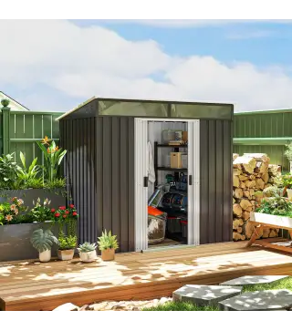 Caseta de Jardín 195x122x181,5 cm con Puerta Corredera 2 Ventanas y Anti-UV para Almacenar Herramientas Gris Oscuro