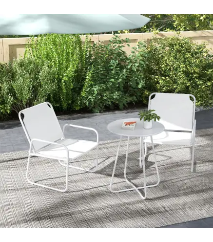 Conjunto de Muebles de Jardín de 3 Piezas con Marco de Acero Reposabrazos y Almohadillas Ajustables para los Pies Blanco