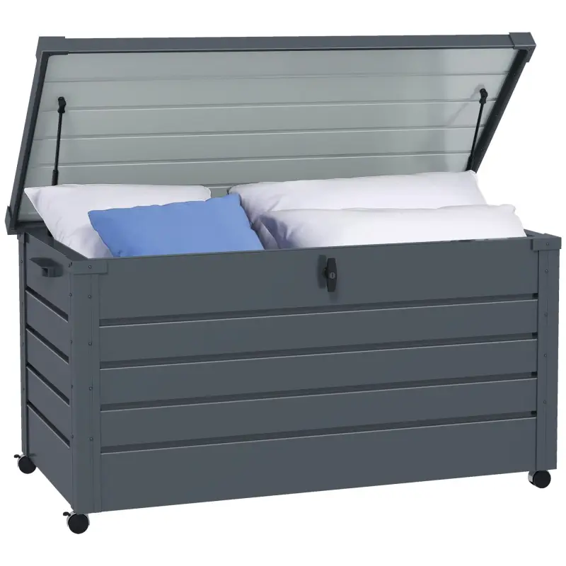 Baúl de Exterior de Acero Galvanizado con 4 Ruedas 2 Asas y 1 Cerradura con Llave 120x62x66 cm Gris Oscuro Baúl de Exterior de Acero Galvanizado con 4 Ruedas 2 Asas y 1 Cerradura con Llave 120x62x66 cm Gris Oscuro