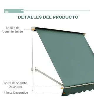Toldo Manual Retráctil de Aluminio Toldo para Exterior Toldo de Balcón Ángulo Ajustable Impermeable Anti-UV Tela de Poliéster 18
