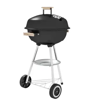 Barbacoa de Carbón Vegetal con Ruedas Parilla de Carbón BBQ Portátil Tapa y Tazón Esmaltados Mangos de Madera 48x56x94 cm para J