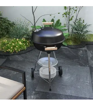 Barbacoa de Carbón Vegetal con Ruedas Parilla de Carbón BBQ Portátil Tapa y Tazón Esmaltados Mangos de Madera 48x56x94 cm para J