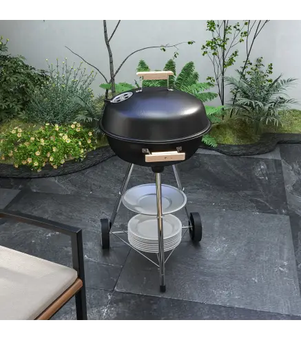 Barbacoa de Carbón Vegetal con Ruedas Parilla de Carbón BBQ Portátil Tapa y Tazón Esmaltados Mangos de Madera 48x56x94 cm para J