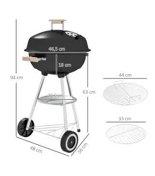 Barbacoa de Carbón Vegetal con Ruedas Parilla de Carbón BBQ Portátil Tapa y Tazón Esmaltados Mangos de Madera 48x56x94 cm para J