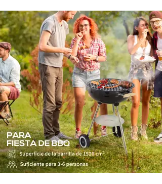 Barbacoa de Carbón Vegetal con Ruedas Parilla de Carbón BBQ Portátil Tapa y Tazón Esmaltados Mangos de Madera 48x56x94 cm para J