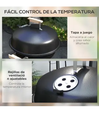 Barbacoa de Carbón Vegetal con Ruedas Parilla de Carbón BBQ Portátil Tapa y Tazón Esmaltados Mangos de Madera 48x56x94 cm para J