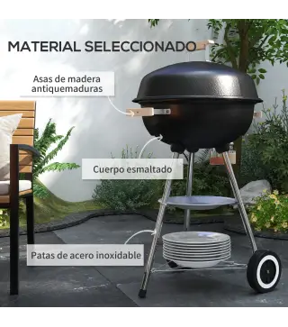Barbacoa de Carbón Vegetal con Ruedas Parilla de Carbón BBQ Portátil Tapa y Tazón Esmaltados Mangos de Madera 48x56x94 cm para J