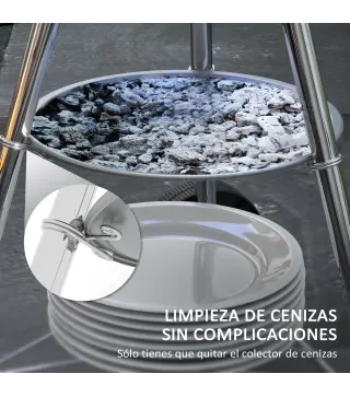 Barbacoa de Carbón Vegetal con Ruedas Parilla de Carbón BBQ Portátil Tapa y Tazón Esmaltados Mangos de Madera 48x56x94 cm para J