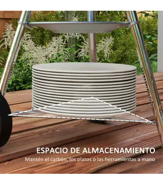 Barbacoa de Carbón Vegetal con Ruedas Parilla de Carbón BBQ Portátil Tapa y Tazón Esmaltados Mangos de Madera 48x56x94 cm para J