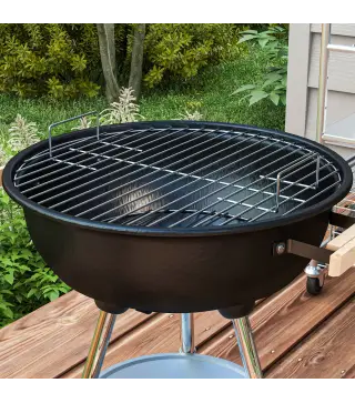 Barbacoa de Carbón Vegetal con Ruedas Parilla de Carbón BBQ Portátil Tapa y Tazón Esmaltados Mangos de Madera 48x56x94 cm para J