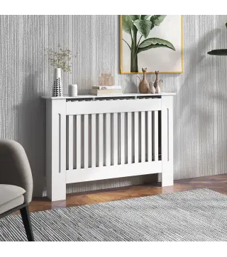 Cubre Radiador Cubierta de Radiador para Radiador con Dispositivo Antivuelco Diseño Moderno MDF 112x19x81cm Blanco