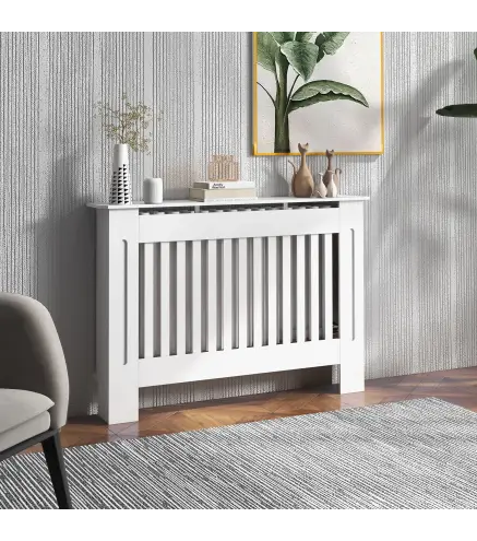 Cubre Radiador Cubierta de Radiador para Radiador con Dispositivo Antivuelco Diseño Moderno MDF 112x19x81cm Blanco