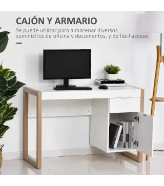 Mesa de Escritorio Espaciosa con Cajón Armario Patas en Forma de Marco de Estilo Moderno 112,5x50x75,5 cm Blanco