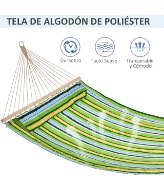 Hamaca Colgante de Jardín para 2 Personas Hamaca Ecológico para Camping con Almohada Carga de 180 kg Rayas Azules y Verdes 3,4x1